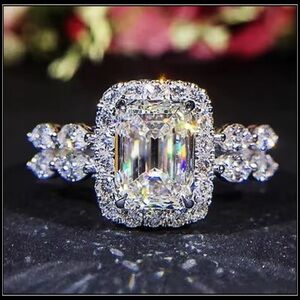 New 925 silver square princess pave simulated diamond baguette silver ring